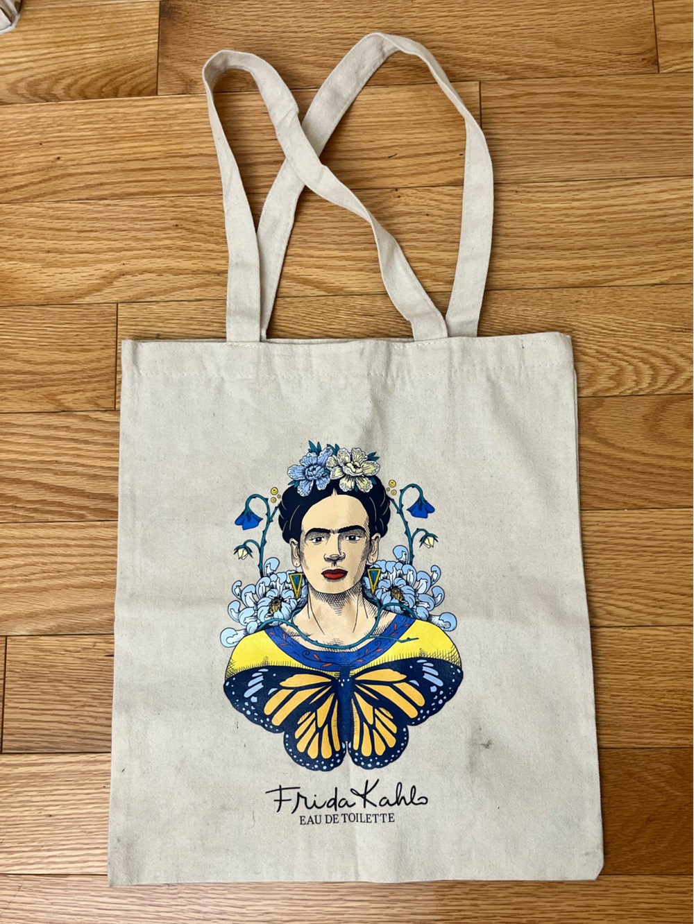 Canvas Tote Bag in Natural with Blue & Yellow Art